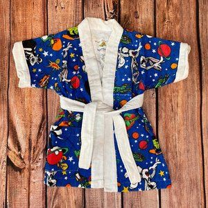 VTG SPACE JAM BUGS BUNNY BLUE TERRY CLOTH BELTED COVERUP ROBE KIDS SMALL 3-4Y